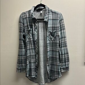Plaid Button-Up Shirt Teal and Gray
